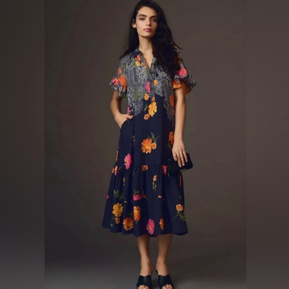 By Anthropologie Navy Floral Ruffle Sleeve Dress sz XL